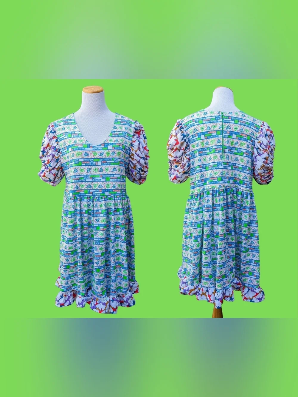 Handmade, upcycled retro, groovy patterned fabric dress Size L - Picture 7 of 8